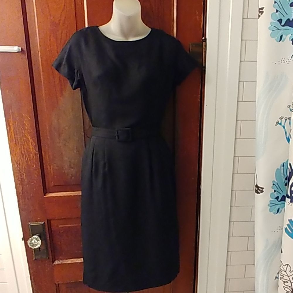 Vintage 50s Roberta Faye Belted Black Silk Dress